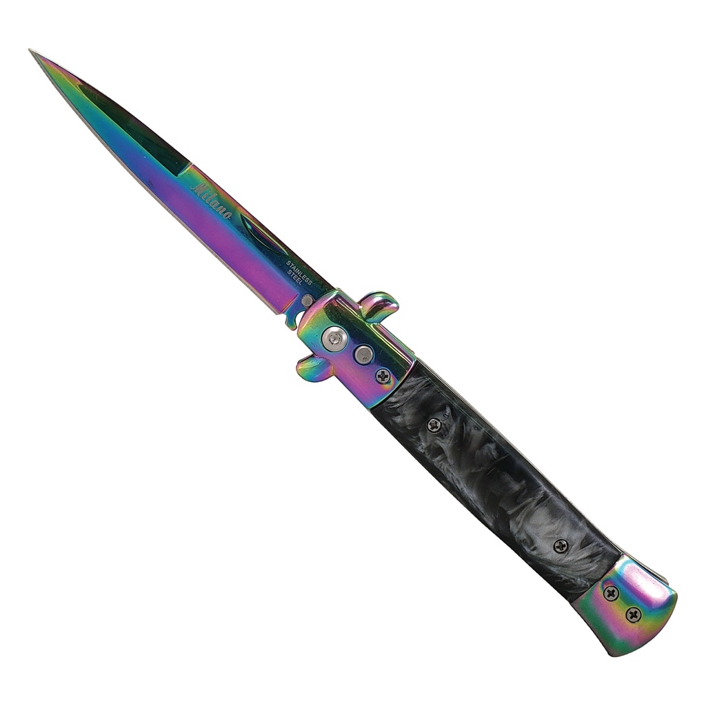 Marble Mirage Push-Button Stiletto Switchblade - Rainbow Blade