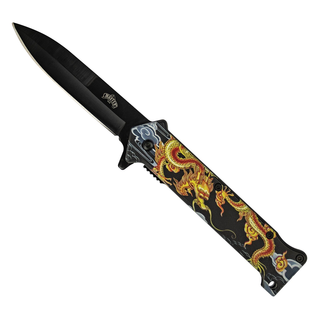 Golden Dragon Quick-Deploy Spring Assisted Knife - Black Aluminum
