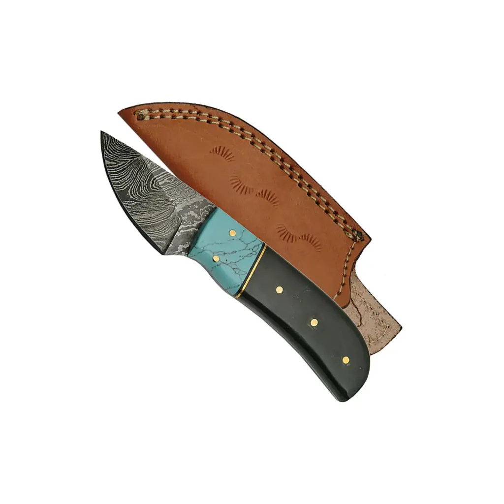 Strata Weave Damascus Skinner Knife - Horn & Turquoise