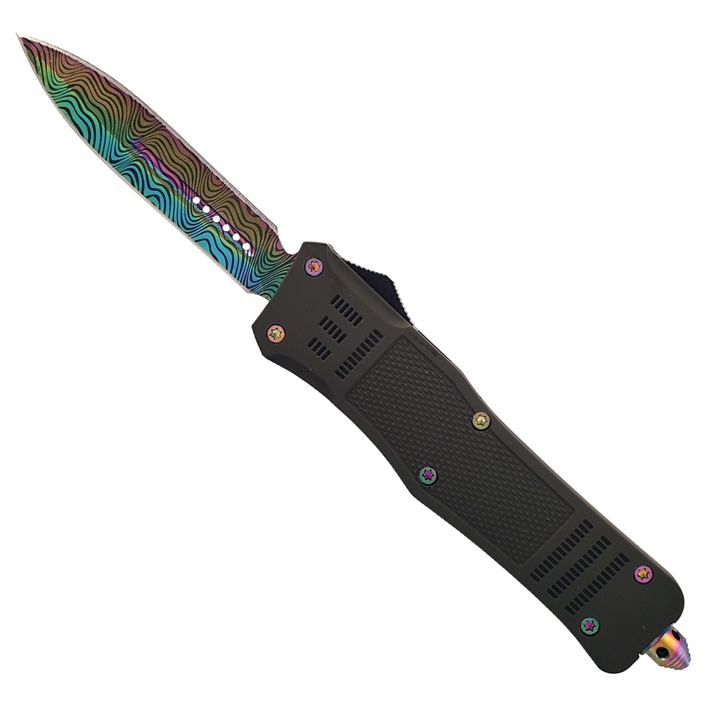 Aurora Surge Double-Action OTF Knife - Rainbow Damascus