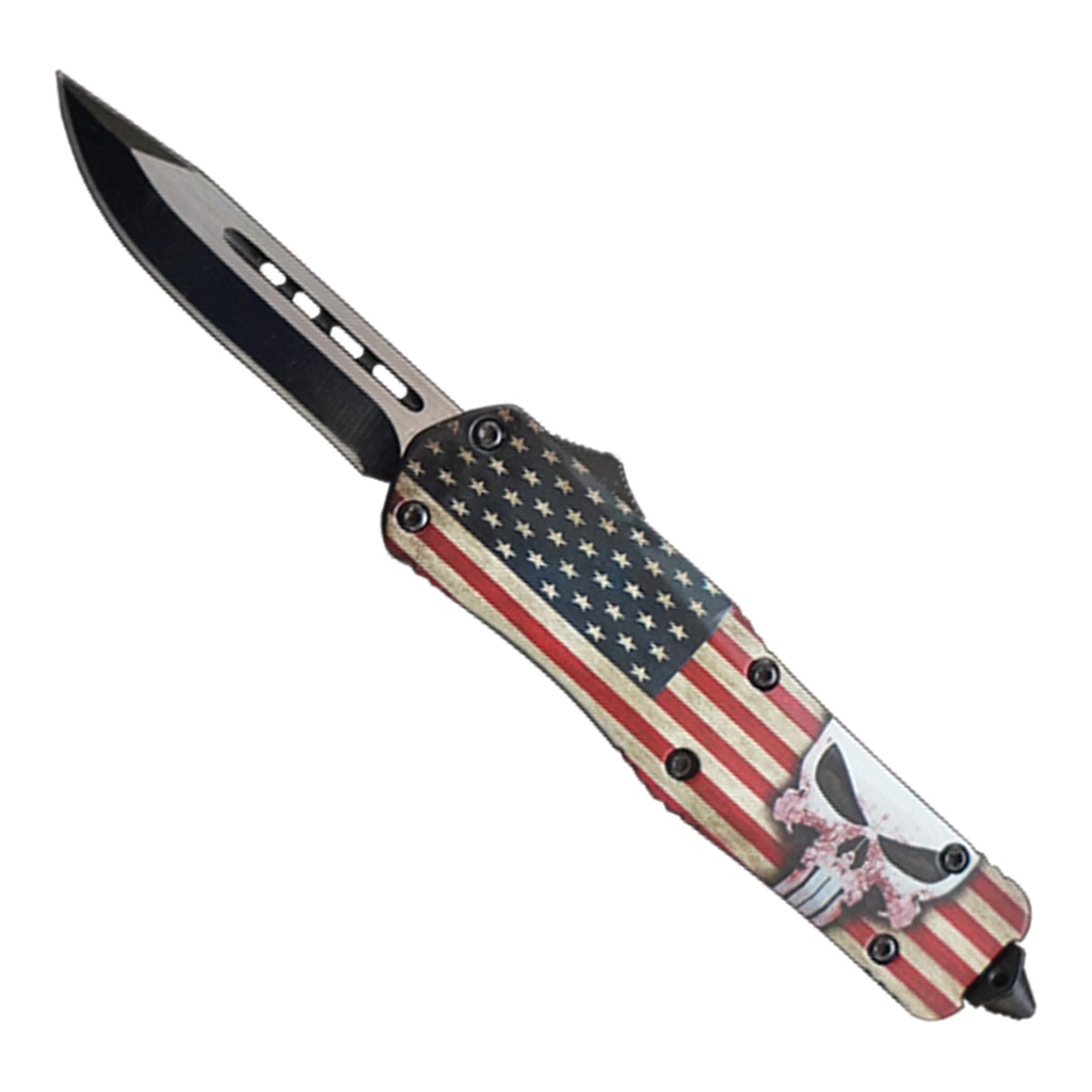 Patriot Skull Rapid-Deploy OTF Knife - USA Flag Aluminum