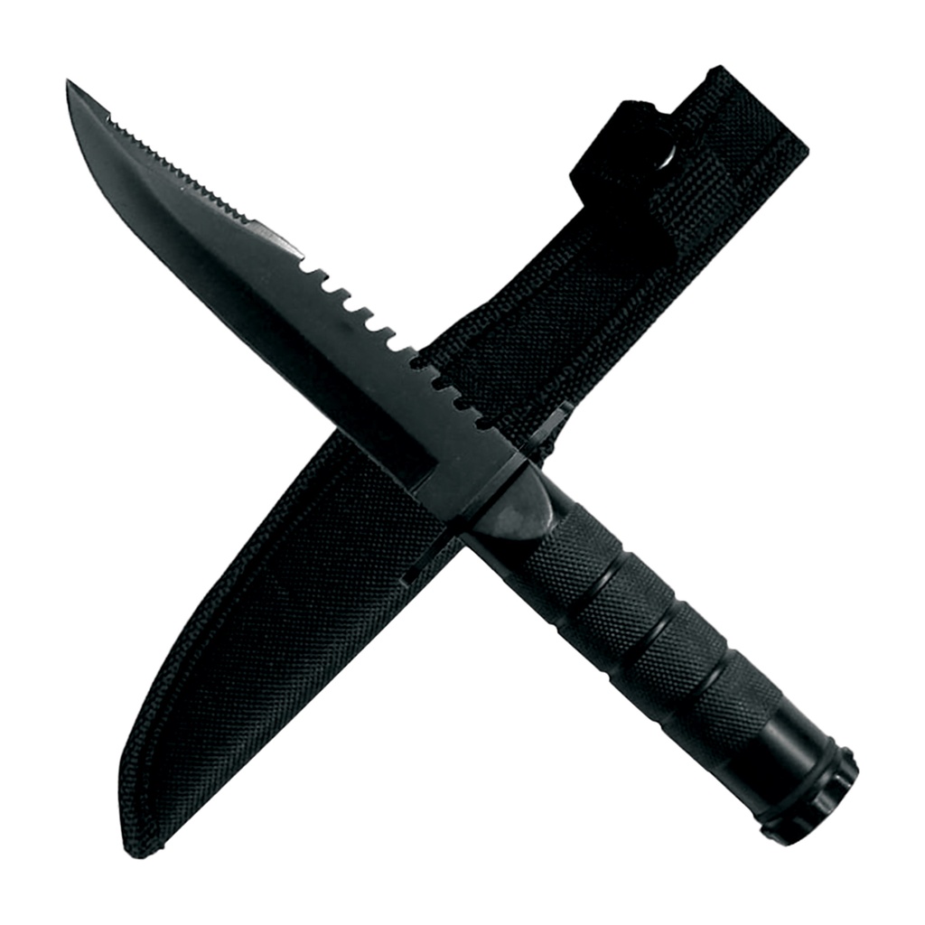 Ridge-Guard Serration-Spine Fixed Blade Knife - Matte Black