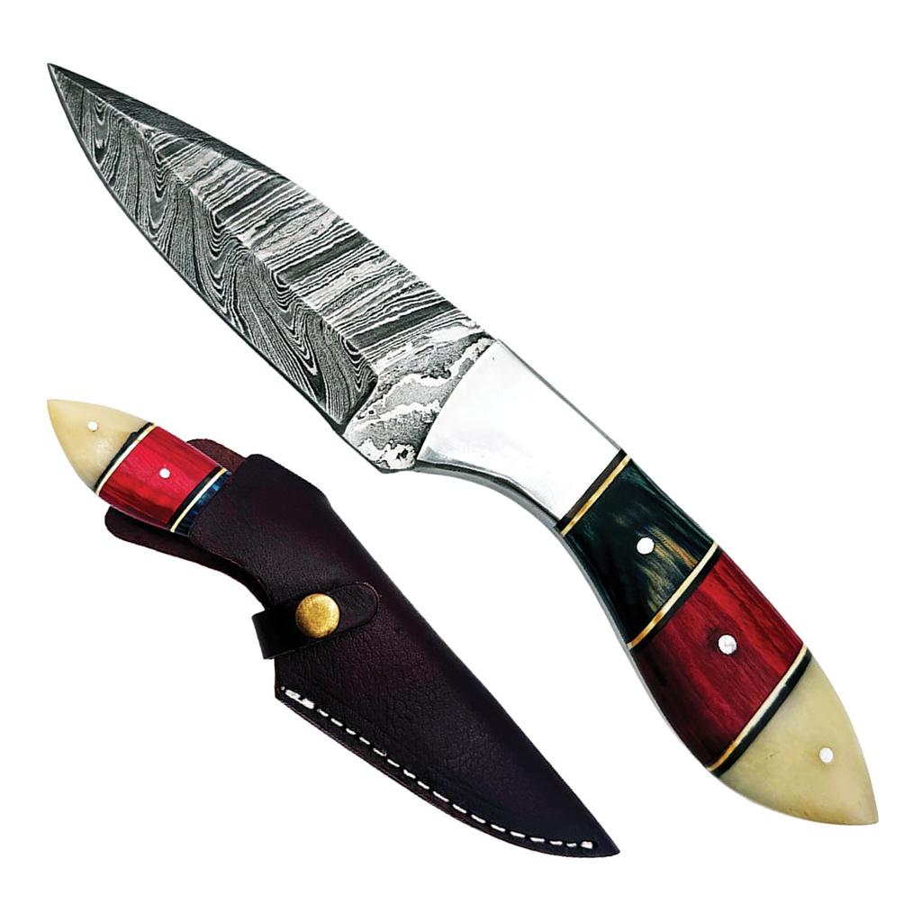 Patriot Forge Full-Tang Damascus Hunting Knife - Red White Blue Bone