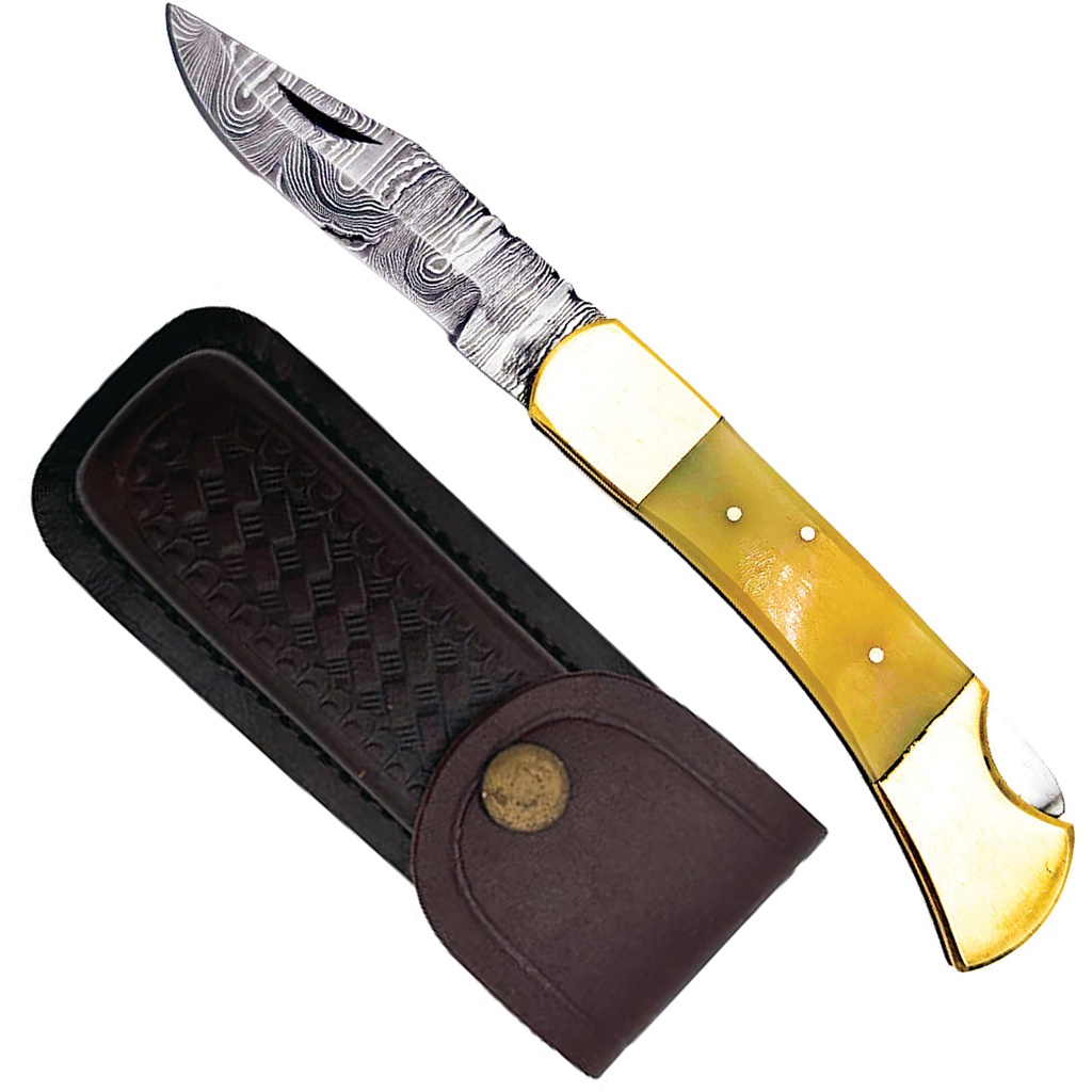 Heritage Damascus Field Folding Knife - Bone Handle