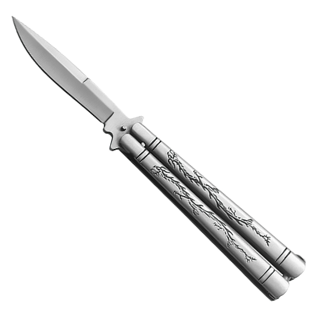 Dragon Etch Handle Butterfly Knife - Silver