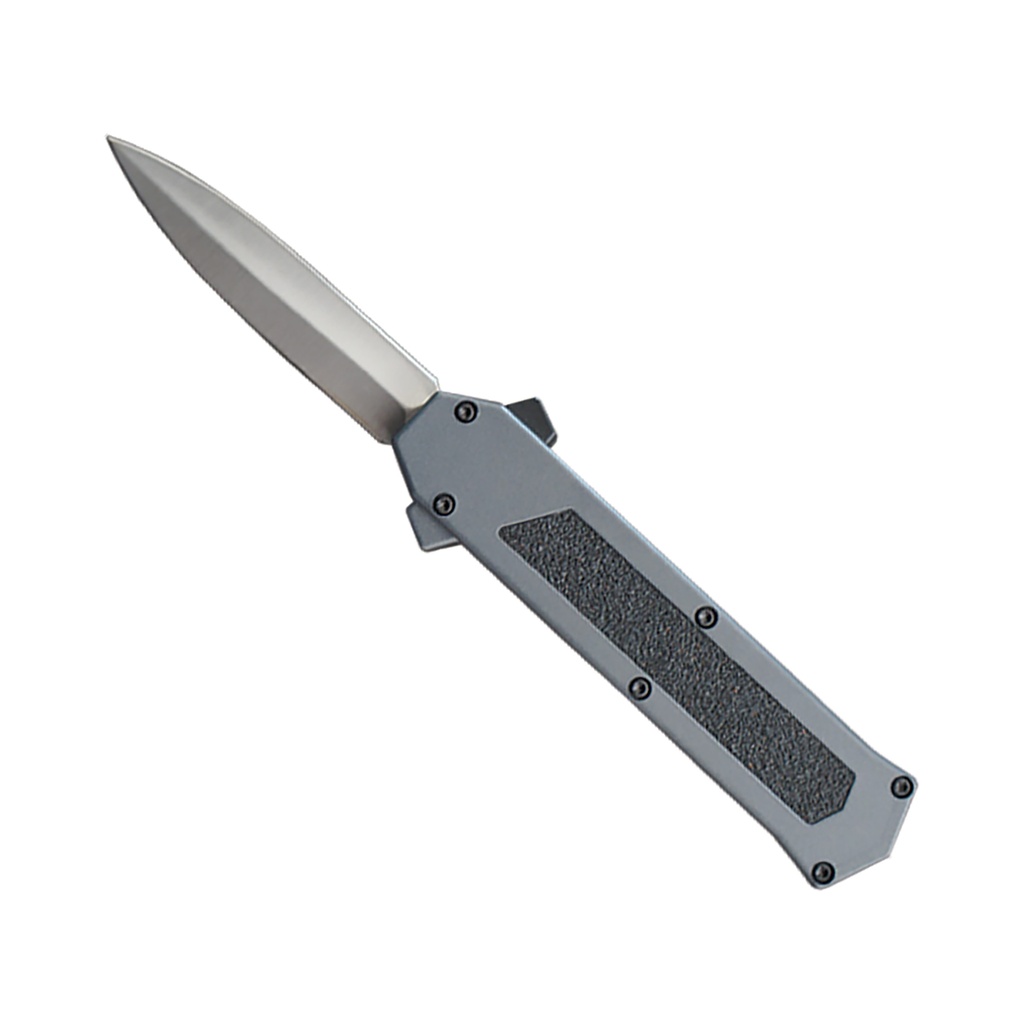 Stiletto Style OTF Knife with Hidden Switch - Gray with Extreme Grip Inlay