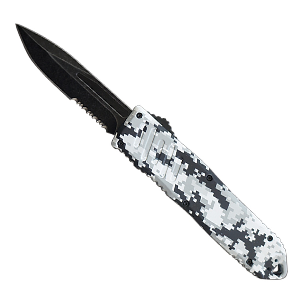 Winter Camo OTF Knife - Double Edge Serrated