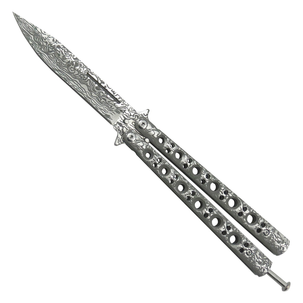 Six-Hole Flow Damascus Balisong - Etched Steel
