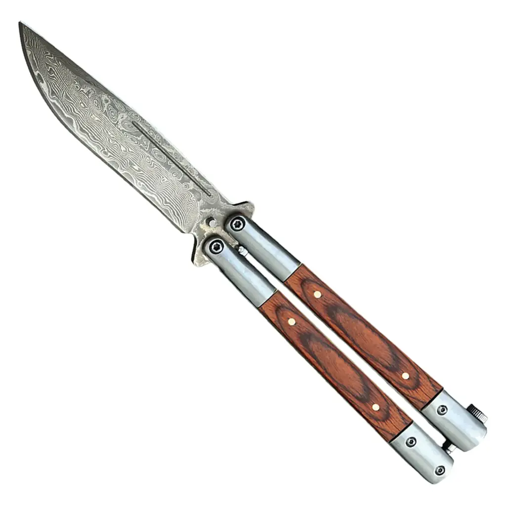 Heritage Flow Butterfly Knife - Damascus Wood Inlay